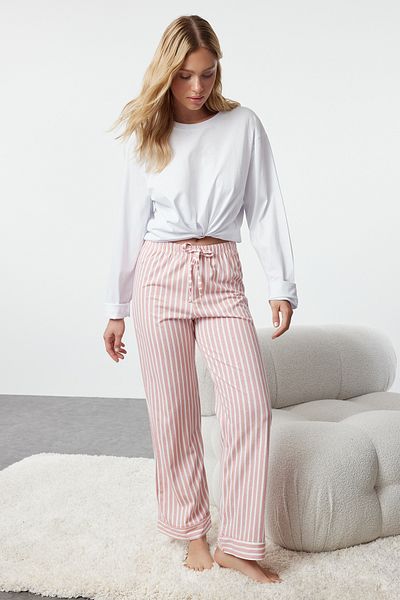 Trendyol Collection 100% pamut rózsaszín csíkos kötött pizsama alsó - THMAW24PJ00001