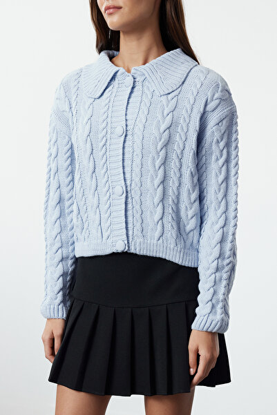 Trendyol Collection Polo Neck Blue Knitwear Crop Cardigan - Twoaw22Hi0448