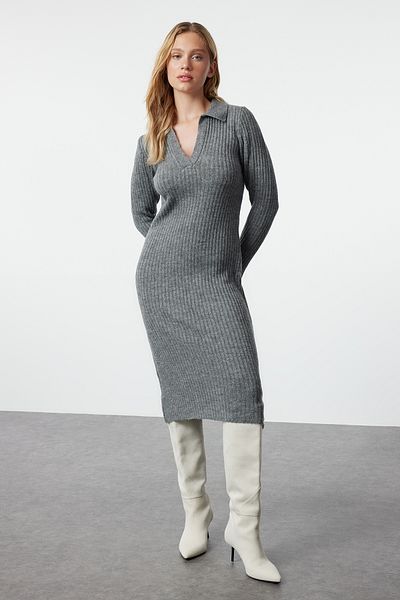 Trendyol Collection Polo Neck Anthracite Midi Knitwear Dress - Soft Texture TWOAW24EL00026