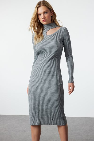 Trendyol Collection Polo Neck Anthracite Midi Knitwear Dress - TWOAW24EL00028