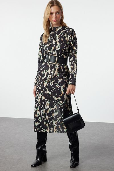 Trendyol Collection A-line Black Abstract Patterned Woven Dress - Degaje Collar TWOAW25EL00176