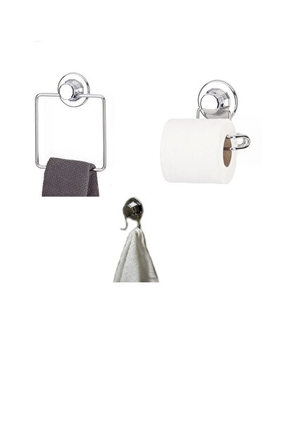 Evistro Hem Vakumlu Hem Vidalı Banyo Aksesuarı 3 Lü Set Kare Havluluk Tuvalet...
