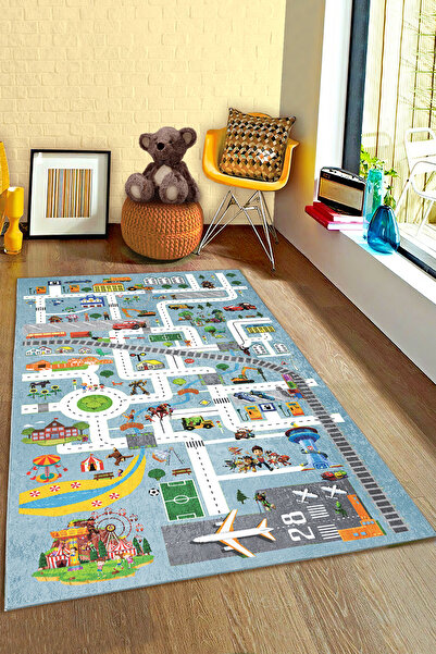 Bebişim Halı Araba Uçak Parkurlu İş Makineleri Eğitici Çocuk Halısı