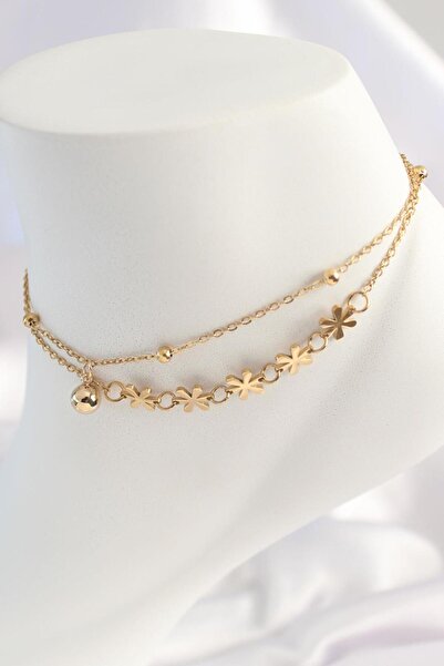 SkyGOO Gold Colored 316l Steel - Flower Model Women's Anklet, 2-Piece Chain