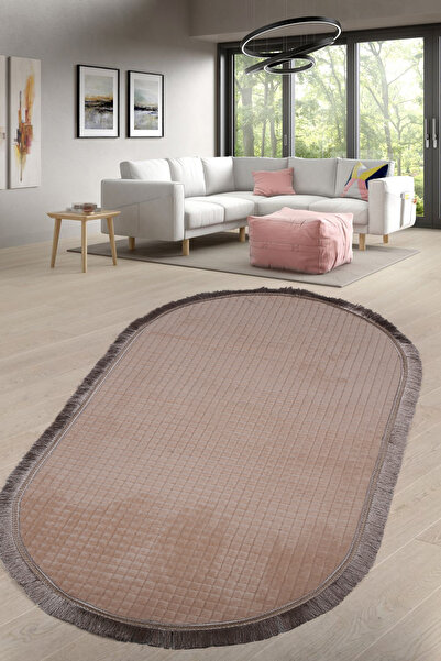 Bonny Home Square Plus Cream Oval Sports Flat Fringed Runner Stain Resistant ...