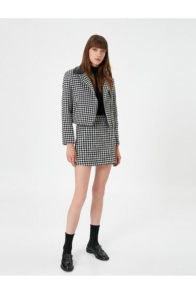 Koton Tweed Biker Jacket with Zippered Pockets Faux Leather Look Collar Detail