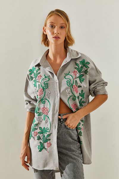 Bianco Lucci Sofia Embroidered Linen Women's Shirt - Modest 60181014