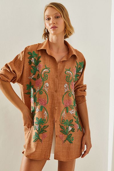 Bianco Lucci Sofia Embroidered Linen Women's Shirt - Modest 60181014
