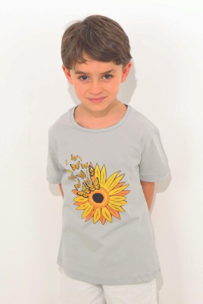 ASG TEKSTİL Παιδικό μπλουζάκι Daisy Patterned Grey - Κοντό μανίκι