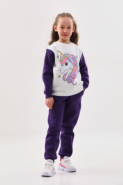 DEVRİMAY TEKSTİL Girl's Purple Fleece Winter 3 Thread Raised Tracksuit Set