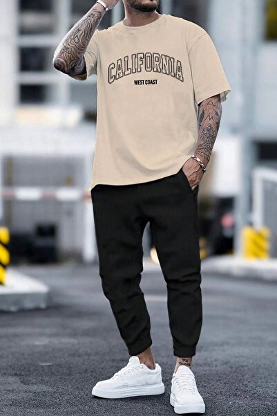 MODARİCH Καλιφόρνια WC - Μπεζ Μαύρο Σετ Φούτερ Jogger Oversize T-shirt με λαι...