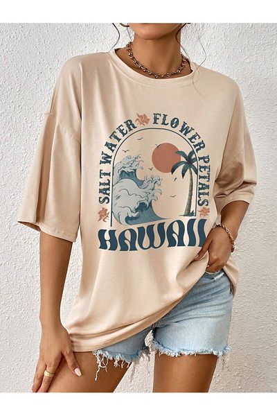 MODARİCH Hawaii Flower T-Shirt - Μπεζ εμπριμέ Oversize Crew λαιμόκοψη κοντό μανίκι φαρδύ