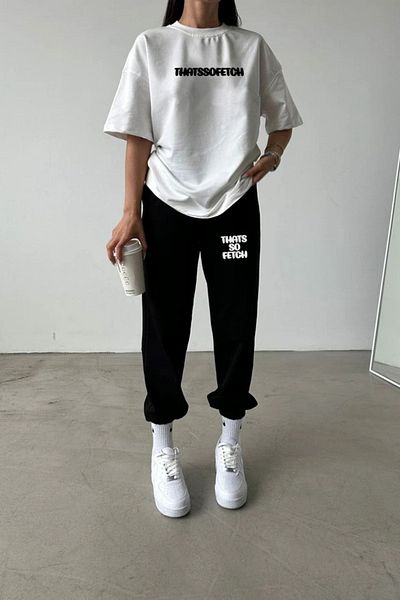MODARİCH Σετ αθλητικών Thatssofetch - Λευκό μαύρο μπλουζάκι Jogger, Oversize Crew Neck