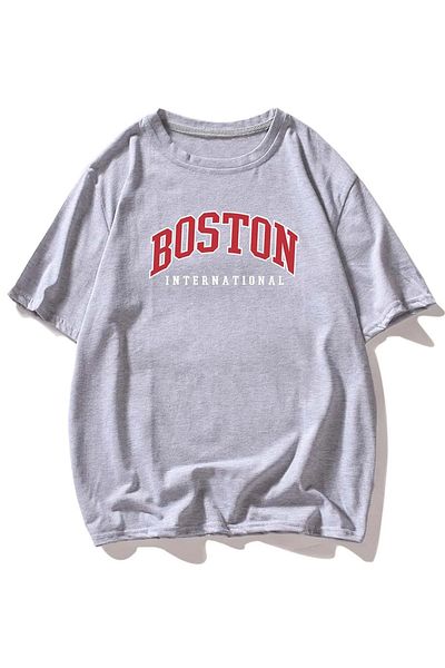 MODARİCH Μπλουζάκι Boston International - γκρι, εμπριμέ, λαιμόκοψη, στάμπα, κοντό μανίκι, Boyfriend, φαρδιά