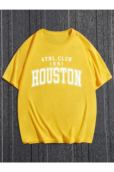 MODARİCH Μπλουζάκι Houston 1991 - κίτρινο, εμπριμέ, λαιμόκοψη, υπερμεγέθη, κοντό μανίκι, χαλαρό