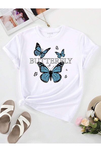 MODARİCH Μπλουζάκι Oversize Butterfly Butterfly - Λευκό, Λαιμόκοψη, Κοντό μανίκι