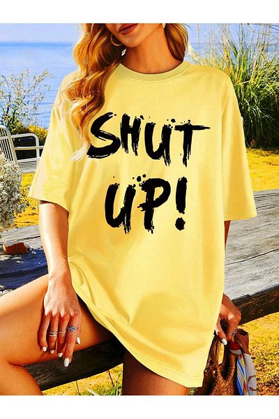 MODARİCH Shut Up T-Shirt - Κίτρινο στάμπα Oversize Crew Neck Κοντό μανίκι Loose
