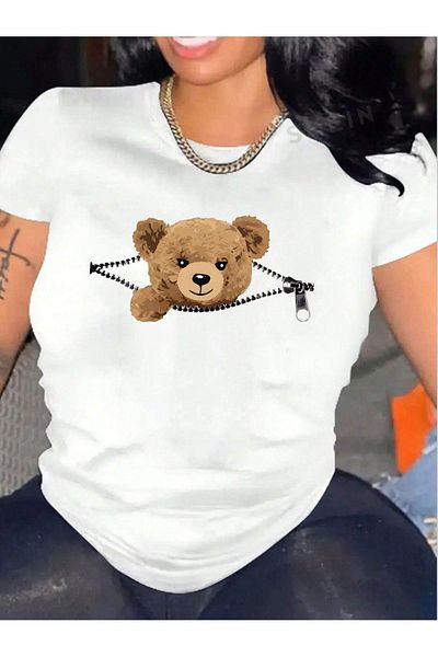 MODARİCH Μπλουζάκι με φερμουάρ Teddy Bear - Λευκό εμπριμέ Oversize Crew λαιμόκοψη κοντό μανίκι