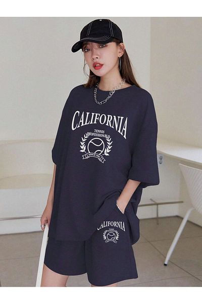 MODARİCH California Tennis - Navy Blue Oversize Combed Cotton Shorts and T-Shirt Set