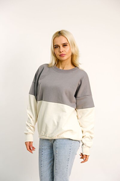 MODARİCH Basic Horizontal Double Color Pieced Winter Thick Sweatshirt - Smoke Beige Oversize Crew Neck