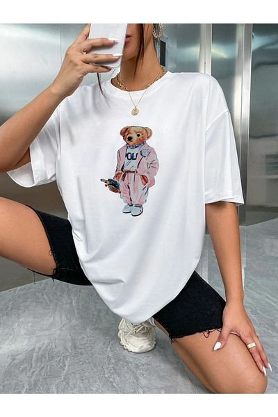 MODARİCH Μπλουζάκι Teddy Bear - Λευκό εμπριμέ Oversize Crew Neck εμπριμέ κοντό μανίκι