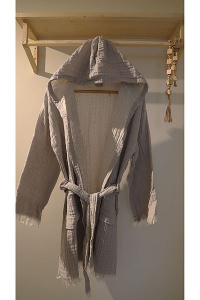 AQUATOLIA Muslin Efes Hooded Short Bathrobe - Cotton Unisex Hooded Bathrobe