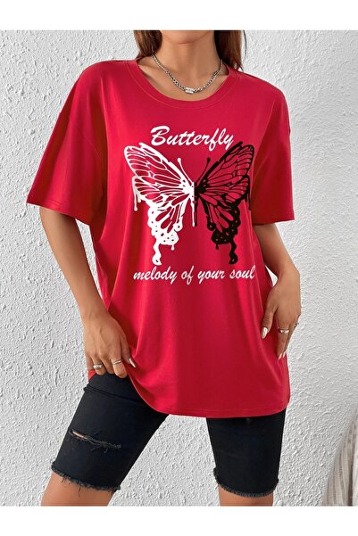 MODARİCH Tricou Butterfly Melody Soul -roșu, Imprimat, Decolteu, Imprimat, Mâ...