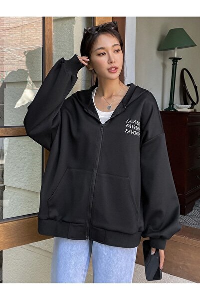 MODARİCH Favorite Hırka - Siyah Baskılı Kışlık Oversize Kapüşonlu Fermuarlı Cep Detaylı Hırka