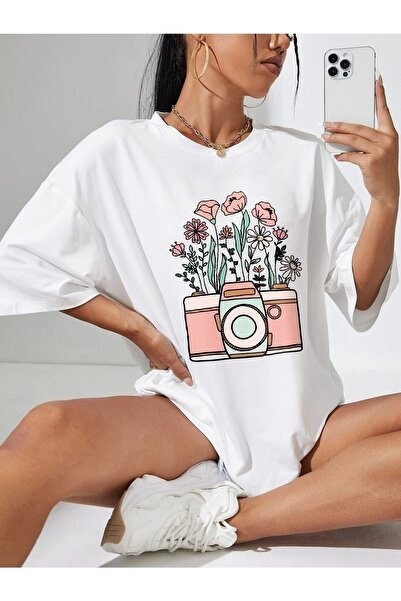MODARİCH Floral Camera T-Shirt - Λευκό εμπριμέ με κοντό μανίκι