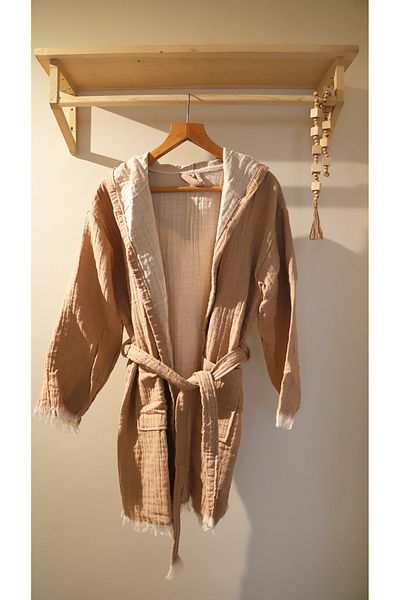 AQUATOLIA Muslin Efes Hooded Short Bathrobe - Cotton Unisex Hooded Bathrobe