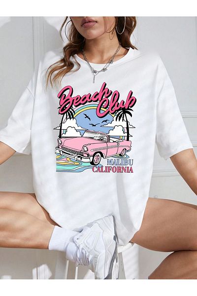MODARİCH Beac Club Car T-Shirt - Λευκή στάμπα Oversize Crew Neck Κοντό μανίκι Φαρδύ