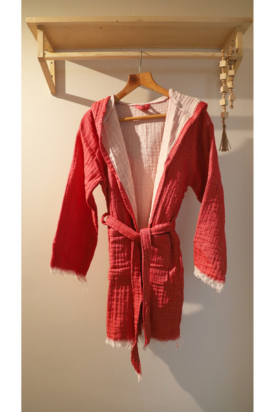 AQUATOLIA Muslin Efes Hooded Short Bathrobe - Cotton Unisex Hooded Bathrobe