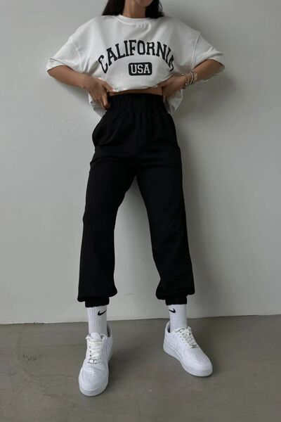 Mythologie Καλιφόρνια Usa T-shirt Sweatpants Jogger - Λευκό Μαύρο Σετ Φούτερ με στάμπα Oversize Crew Neck