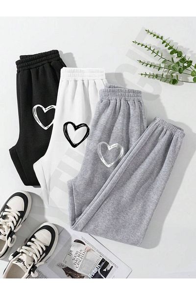 Mythologie 3-Pece Heart Printed Jogger Sweatpants - Μαύρο και άσπρο γκρι λαστιχένιο πόδι ψηλόμεσο καλοκαίρι