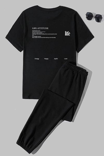 Mythologie Life T-Shirt Sweatpants -Μαύρο Jogger T-Shirt Bottom Top Σετ φόρμας Oversize Crew Neck