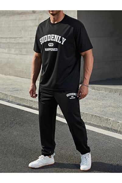 Mythologie Suddenly Eşofman Altı Ve T-shirt - Siyah Jogger Tişört Alt Üst Eşofman Takımı Oversize Bisiklet Yaka