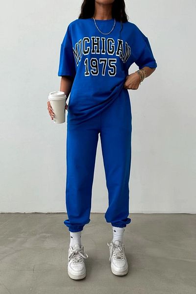 Mythologie Michigan 1975 T-shirt Sweatpants Jogger - Σετ φόρμας με μπλε στάμπα Sax Oversize Crew Neck