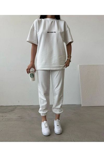 Mythologie Brooklyn Logo T-shirt Sweatpants Jogger - White Printed Tracksuit Set Oversize Crew Neck