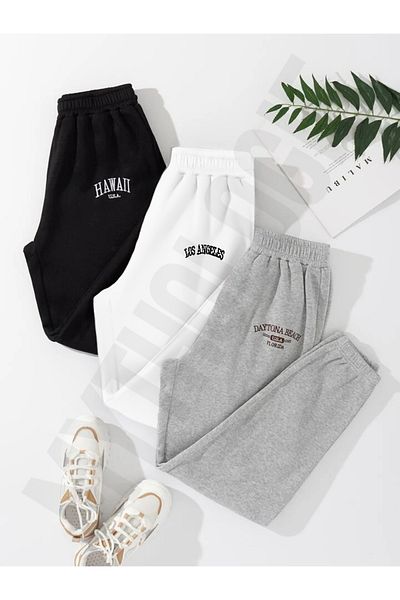 Mythologie 3-pack Minimal printed Jogger Sweatpants - Μαύρο Λευκό και Γκρι Καλοκαιρινό ψηλόμεσο πόδι από καουτσούκ