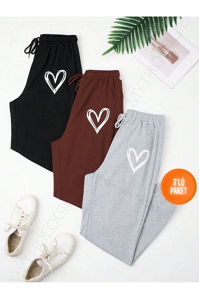 Mythologie Ψηλόμεσο ελαστικό 3 τεμαχίων Heart Printed Jogger Sweatpants - Μαύρο Καφέ Γκρι Χειμώνας