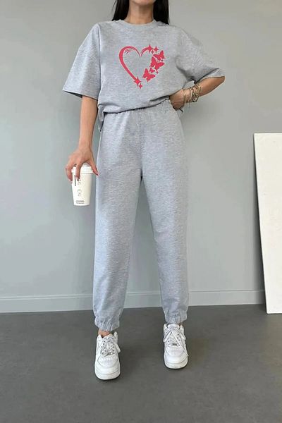 Mythologie Μπλουζάκι Butterfly Heart Sweatpants Jogger - Σετ αθλητικής φόρμας με γκρι στάμπα Oversize Crew Neck
