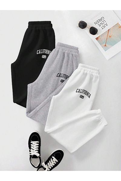 Mythologie 3-Piece California USA Printed Sweatpants - Black Gray White Rubber Leg High Waist Summer