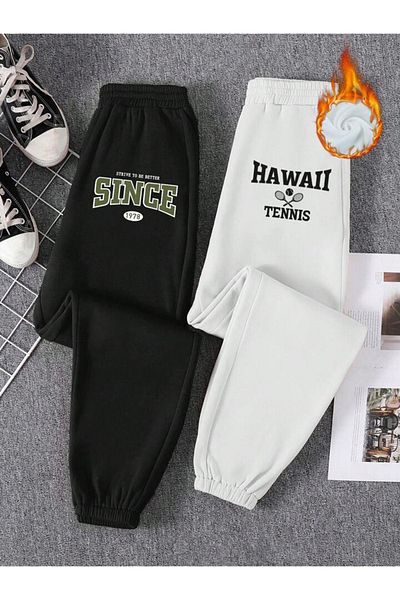 Mythologie 2-Piece Since Hawaii Tennis Sweatpants Jogger - Black and White Printed Rubber Leg High Waist Summer