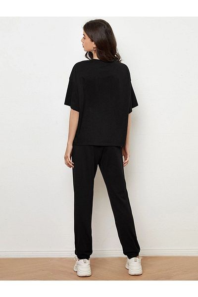 Mythologie Happy Sweatpants and T-shirt - Black Jogger T-shirt Bottom Top Σετ φόρμας Oversize Crew Neck