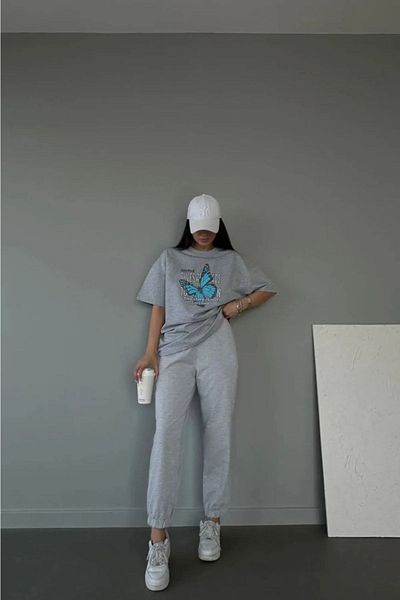 Mythologie Rules Butterfly T-shirt Sweatpants Jogger - Σετ φόρμας με γκρι στάμπα Oversize Crew Neck