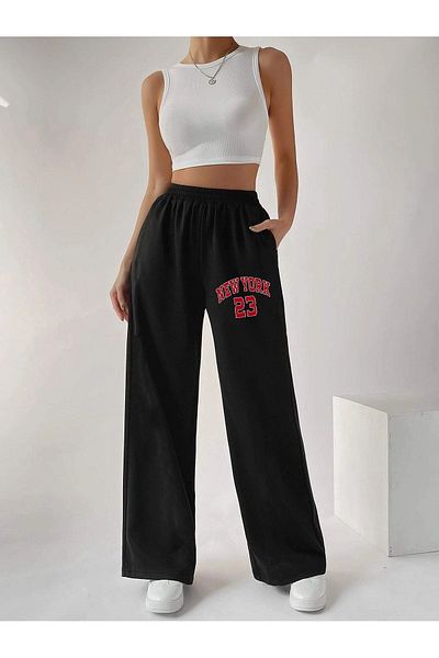 Mythologie New York 23 - Black Jogger Sweatpants, Flare Leg, Ψηλόμεση, Φαρδύ πόδι, Χειμώνας