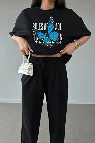 Mythologie Rules Butterfly T-shirt Sweatpants Jogger - Σετ φόρμας με μαύρη στάμπα Oversize Crew Neck