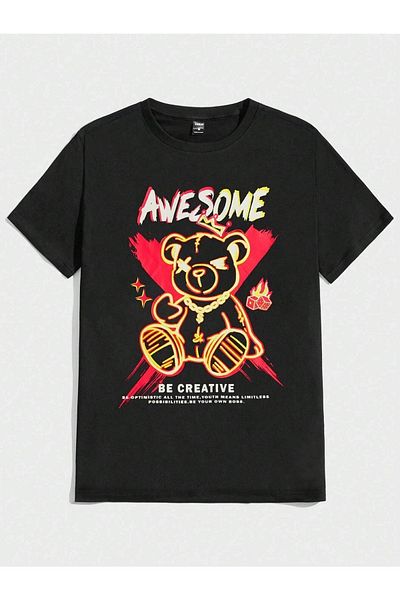Mythologie Awsome Bear T-shirt - Μαύρο, εμπριμέ, Oversize, Crew λαιμόκοψη, κοντό μανίκι