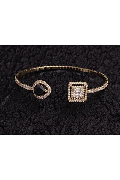 Ras Siyah Zirkon Taşlı Su Yolu Damla Model Gold Rodyumlu Kelepçe Bileklik