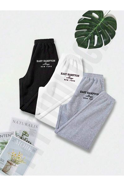 Mythologie 3-pack East Hampton printed Jogger Sweatpants - Μαύρο Λευκό Γκρι Λαστιχένιο Πόδι Ψηλόμεσο Καλοκαίρι